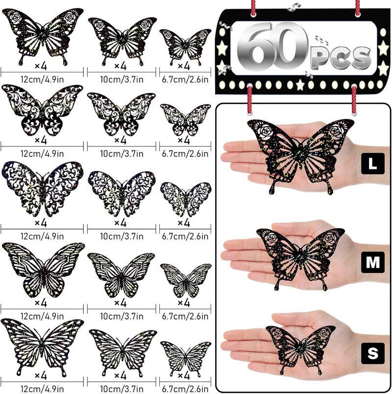 DELEMI 60 Pcs 3D Black Butterfly Halloween Wall Decor, 5 Styles 3 Sizes,Butterfly Cake Birthday Party Shower Decorations Iridescent,Metallic Room Mural Wall Stickers(Sequined Black) - Image 2